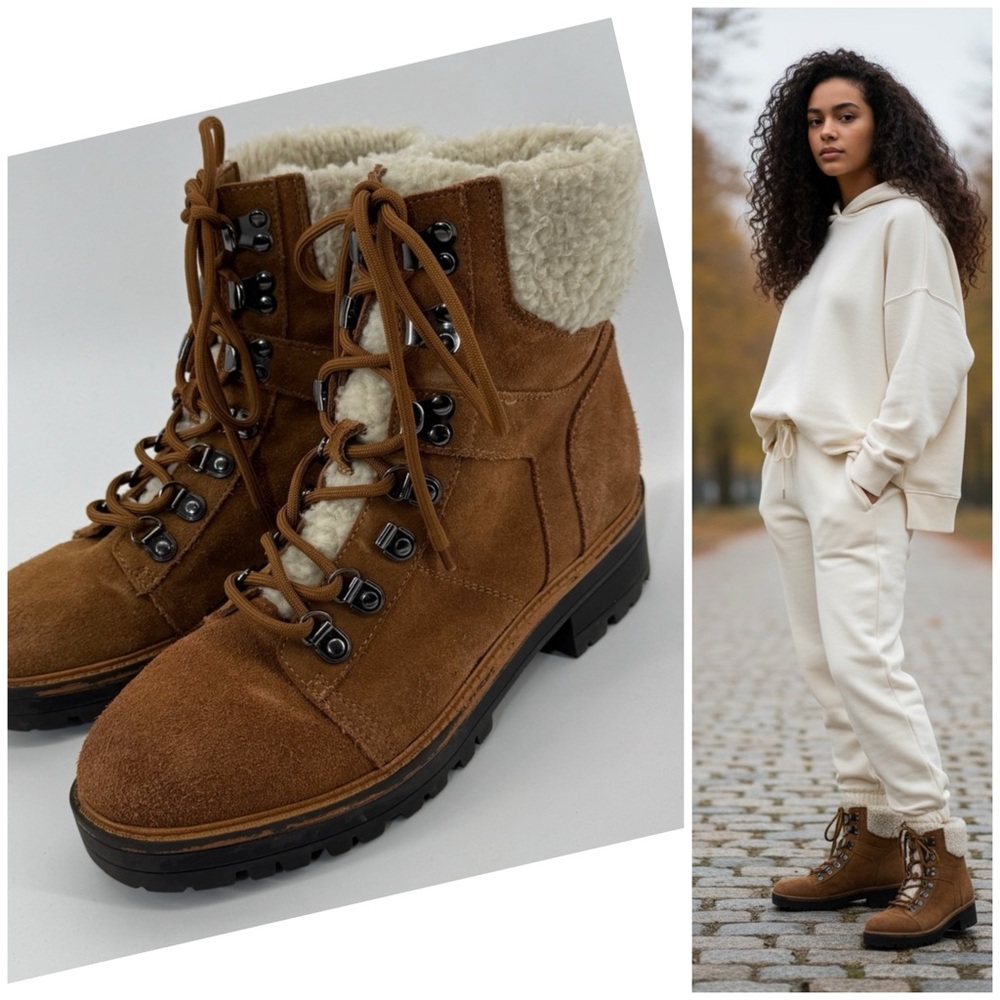 Marc Fisher Boots Isabel Leather Lug Sole Lace Up Brown Suede Shearling Cuff 7.5